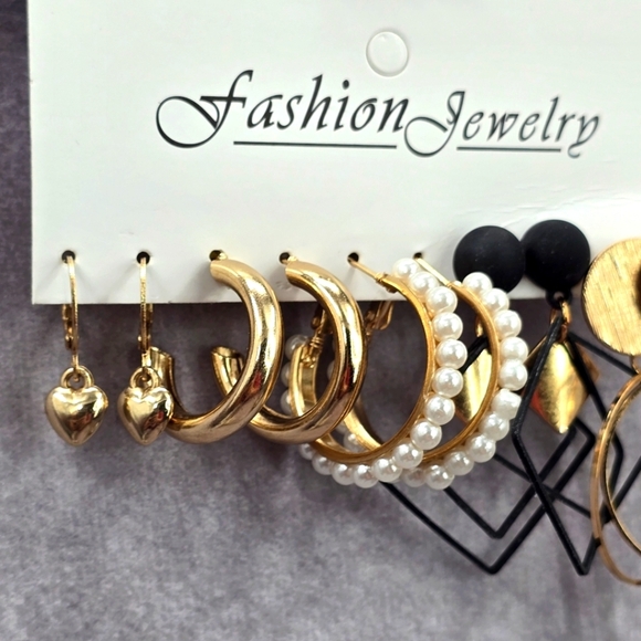 Gold Pearl Black Hoop Triangle Dangle Hook Fashion Jewelry Boho Earrings JB2-42 - Picture 2 of 4